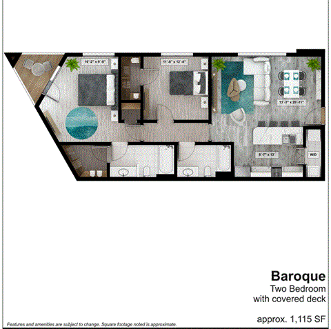 a floor plan of two bedrooms with covered deck